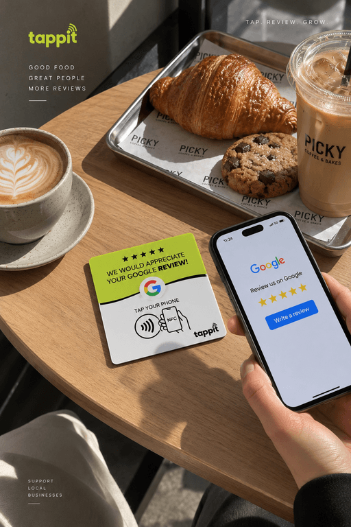 TAPPIT review card beside a phone and coffee on a café counter